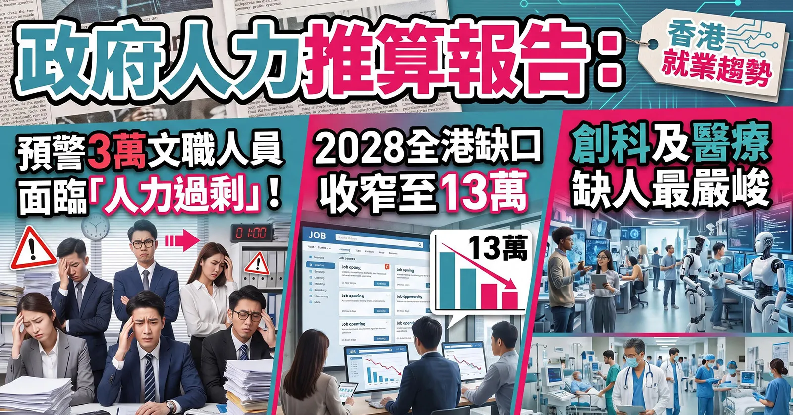 【香港就業趨勢】政府人力推算報告:預警3萬文職人員面臨「人力過剩」!2028全港缺口達18萬,創科及醫療缺人最嚴峻 【香港就業趨勢】政府人力推算報告:預警3萬文職人員面臨「人力過剩」!2028全港缺口達18萬,創科及醫療缺人最嚴峻